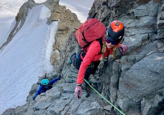 A bit of rock climbing toward the summit of Piz Bernina