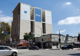 a wide shot of the Hotel Cecil as it currently stands in Downtown Los Angeles