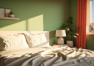 a bed with a white bed and a lamp