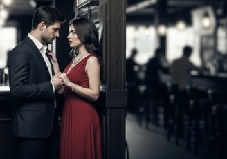 a man with black suit and women with maroon dress holding a hand each other