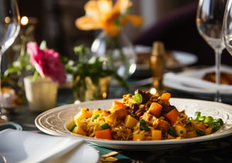 a plate of food on a table with wine glasses and wine glasses