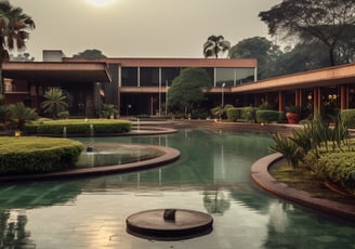 a large pool in the middle of landscaped gardens