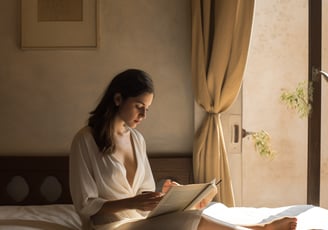 a woman sitting on a bed with a book