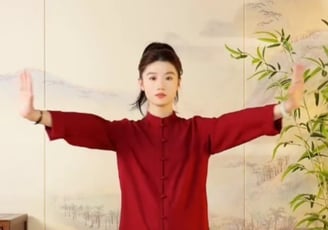 a woman in a red shirt and black pants