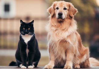 Katze und Hund sitzen nebeneinander