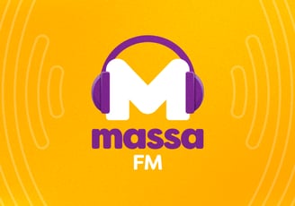 Logo de rádio com letra M e fone de ouvido e fundo amarelo