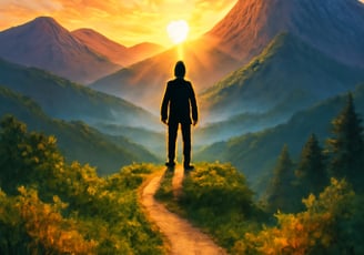 um homem parado em um caminho com uma montanha ao fundo