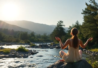 uma mulher sentada em uma pedra em um rio