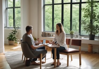 a man and woman sitting at a table with a laptop