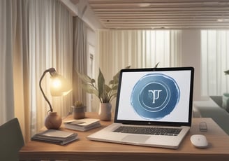 a laptop computer sitting on a table with a lamp