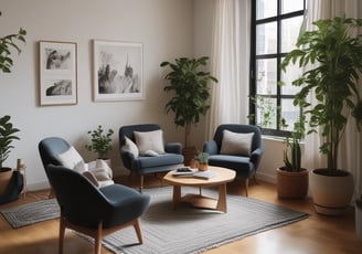 a living room with a couch, chairs, and a table