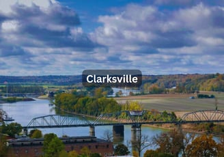 Aerial view of river and bridge in Clarksville Tennessee