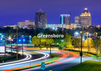 Nighttime skyline view in Greensboro North Carolina