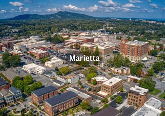 Aerial view of Marietta Georgia downtown and mountains