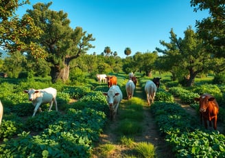 Livestock grazing in a vibrant food forest ecosystem, lush greenery interspersed with fruit trees an