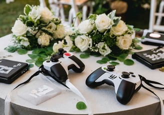 wedding table with a table cloth and a game controller