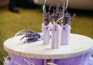 wedding table with a bunch of lavender flowers