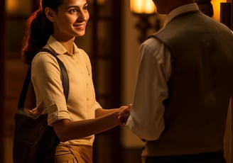 A lady guest arriving in a luxury hotel in Shimoga, India