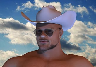 shirtless cowboy wearing cowboy hat and sunglasses