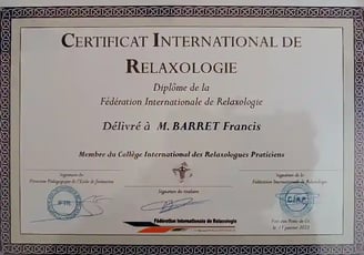 Certificat International de Relaxologie de Francis Barret délivré par la Fédération Internationale