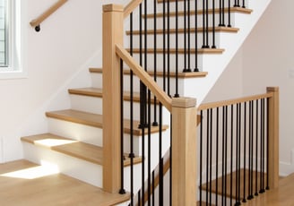 Elegant and modern stairs with wood rails and posts and iron balusters.