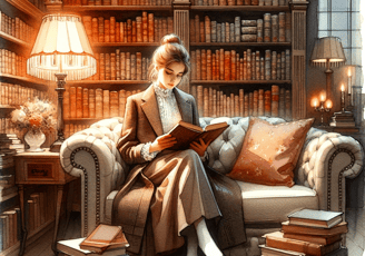 a woman sitting on a couch reading a book