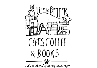 ilustração de gato dormindo sobre livros: life is better with cat's, coffee & books