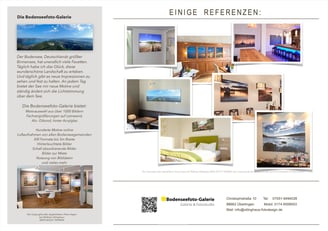 Bodenseefoto-Galerie – Collage mit Text über die Galerie, Fotos von Ausstellungsräumen und Referenze