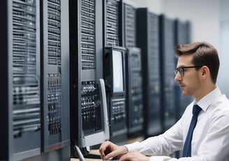 A hand holding a thermal scanner is pointed towards a rack of computer servers. The servers are illuminated with blue LED lights, giving a technological and futuristic feel.