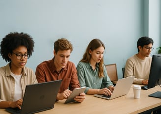 Illustration of modern people working on screens, representing innovative jobs and training in 2025.