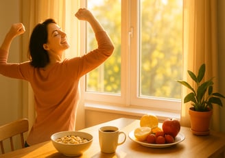 Smiling and energetic woman stretching in the morning sunlight near a healthy breakfast of cereal, coffee, and fresh fruit (a