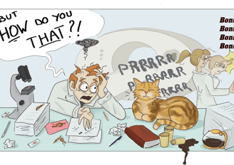 funny drawing of scientist failing to understand the purr