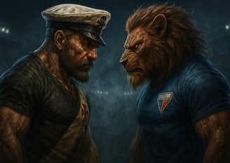 Imagem digital hiper-realista mostrando os mascotes humanóides do Vasco e do Fortaleza.