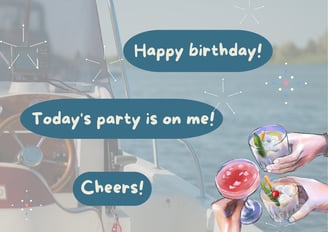 People holding drink glasses with a happy birthday message