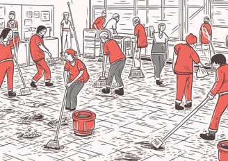 a group of people in red uniforms cleaning a room