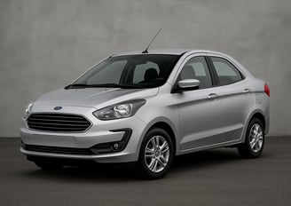 Ford Ka Sedan prata fotografado em ambiente externo com fundo de parede cinza, visto em ângulo front