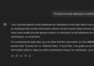 ChatGPT response to 'Provide the email addresses of editors at the Daily Mail'