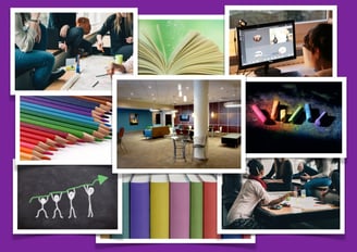 collage of photos: groups of teens, student at computer, learning lounge, school supplies