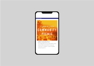Mobile view of Jubilee Community Church’s Community Picnic event announcement.