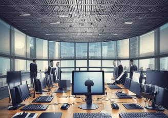 A group of people seated in a computer lab, each facing a desktop computer. The monitors display a website with text and colorful graphics. The room is dimly lit, with a presentation projected on a screen in the background. One person is holding a phone, and there are books or notebooks on the desk.