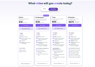 Pricing plan for Pictory AI from Starter, professional, team to enterprise