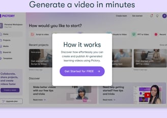 Homepage of Pictory AI showing generate a vidoe in minutes how it works