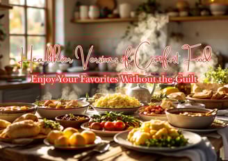 a kitchen table full of comfort food with the words Healthier Versions of Comfort Food: Enjoy Your F