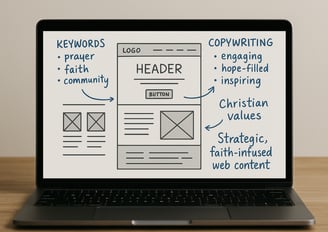Laptop with website wireframe and copywriting notes for a faith-based therapist