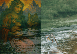 Divine mother, rabbit and wolf, symbolizing soul retrieval, spring rebirth, wild maternal healing