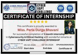 Miss Perla Durga Bhavani Intern-Cyber Forensics Specialist from 05/02/2024 to: 02/05/2024 Success