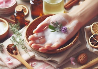 homemade cleanser in a hand above a bowl