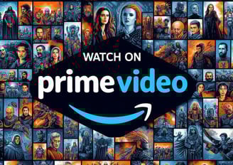 a bunch of people standing in front of a wall with the words watch on amazon