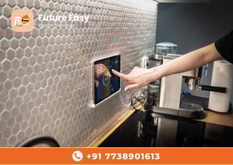 Person using a smart home panel in a kitchen, branded with "Future Easy Repair Services."