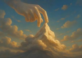 Mãos moldando uma nuvem no céu, simbolizando a criatividade e o poder transformador do sonho lúcido.